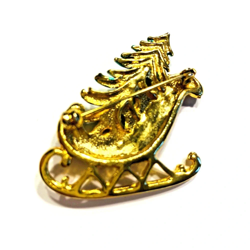 Vintage Christmas Brooch Santa's Red Sleigh & Tree Gold Festive Holiday Pin